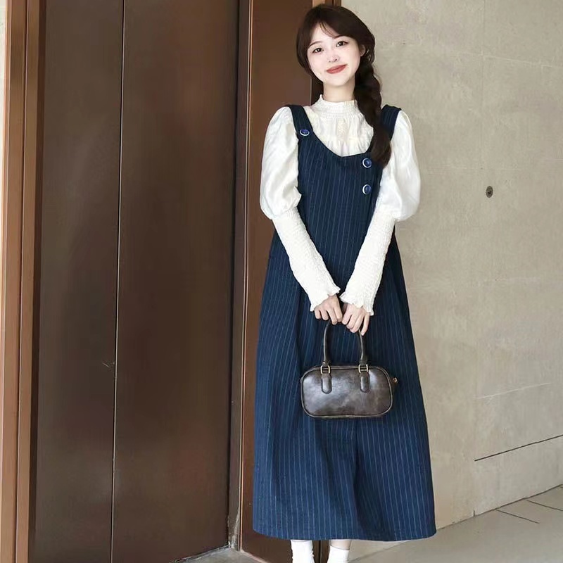 溫柔風背帶連衣裙女2024春季新款顯瘦氣質時尚上衣桔梗長裙兩件套