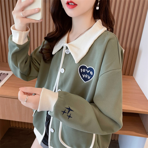 Actual shot of spring Korean style loose 320g inner draw POLO collar contrasting color embroidered cardigan large size thin jacket for women