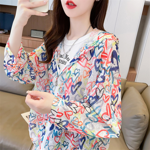 Real shot of ice silk air-conditioning shirt thin mid-length loose cardigan zipper sun protection hooded jacket for women