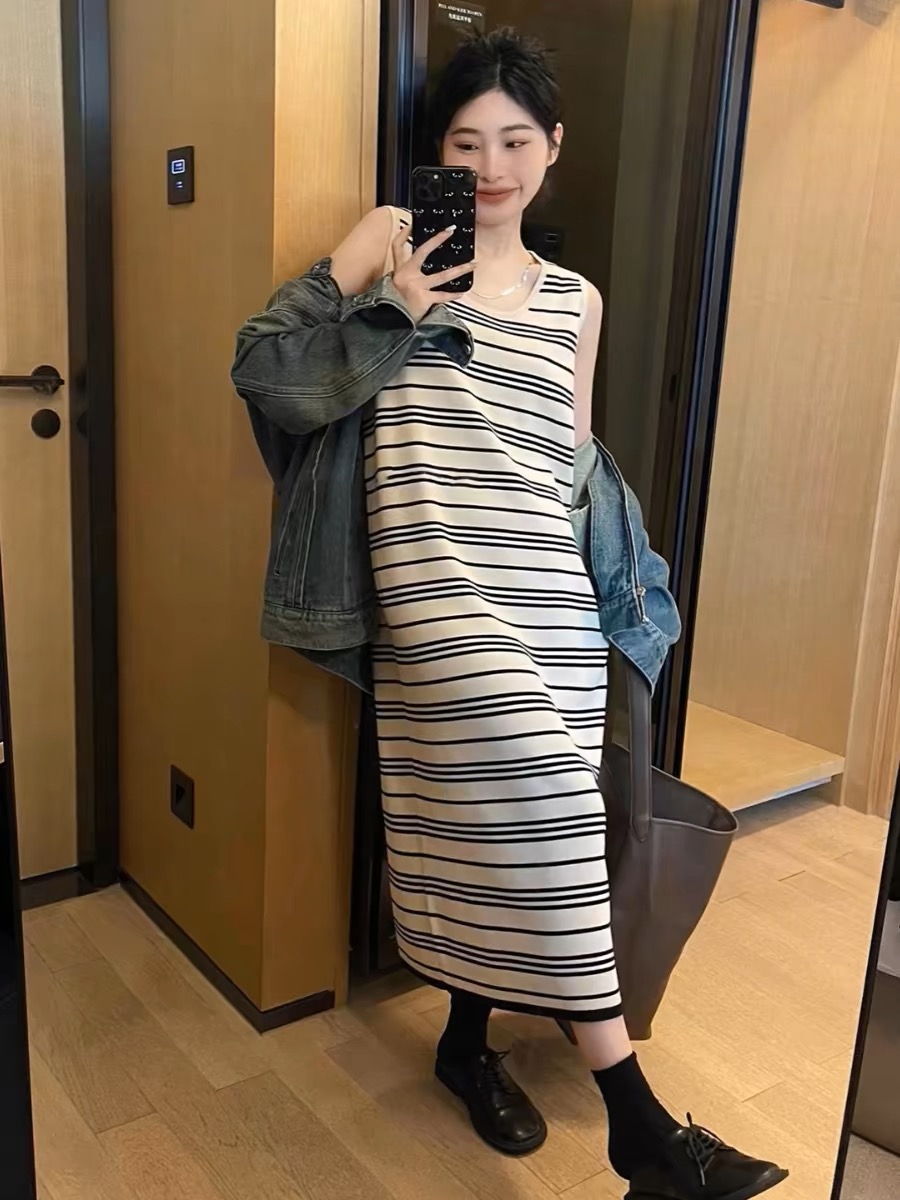 韓版慵懶風圓領無袖直筒背心裙條紋大碼寬鬆顯瘦針織連衣裙女夏季
