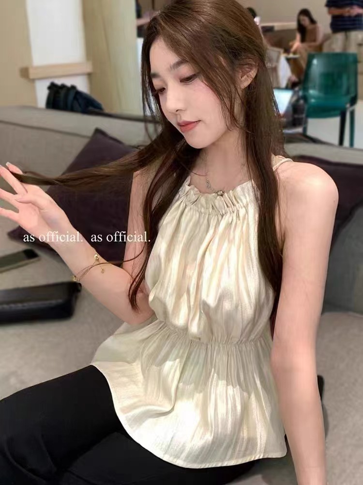 純欲掛脖吊帶背心女夏季甜辣妹絕美無袖荷葉邊高級感短款上衣外穿