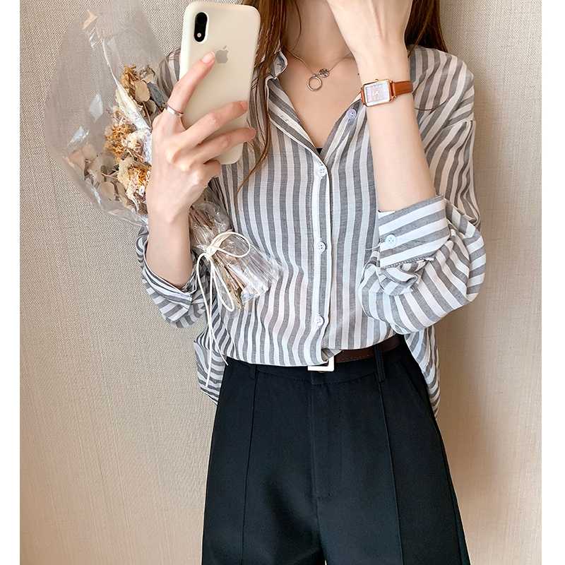 初春秋防曬衣藍條紋襯衫女2024年新款輕熟氣質襯衣女外套