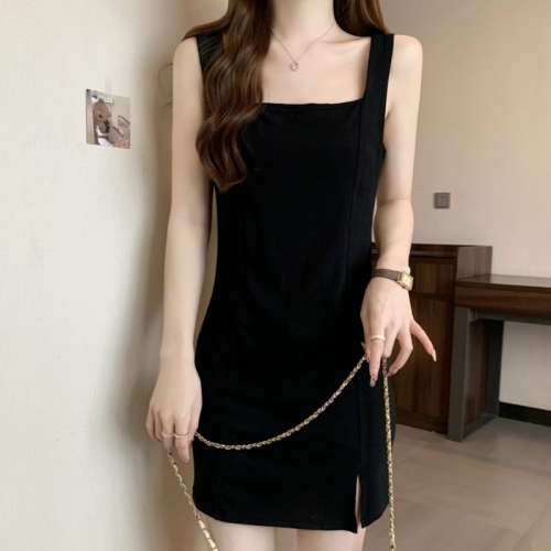 Real shot 40 count pure cotton 2024 summer dress women's suspender little black dress