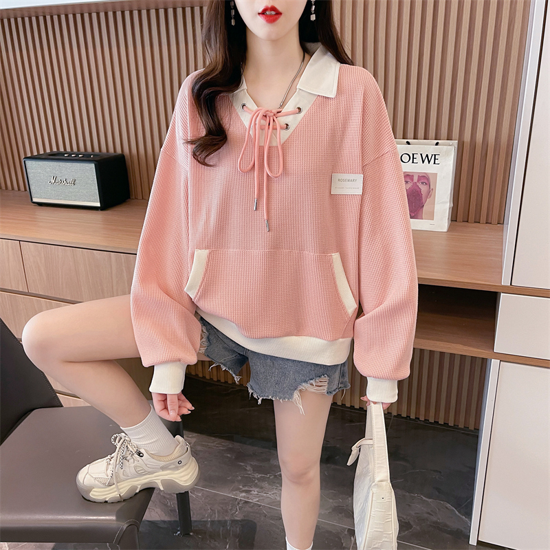 Actual shot of 2024 spring new Korean style loose waffle POLO collar lace-up large size thin sweatshirt for women
