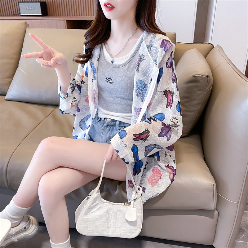 Real shot of ice silk nano silk thin mid-length loose cardigan zipper sun protection hooded jacket for women