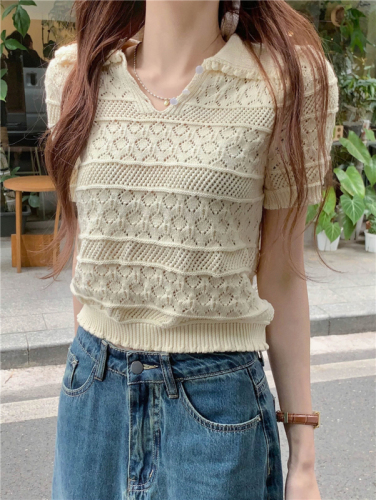 Actual shot Spring new style ~ French sweet short style unique crocheted hollow polo collar sweater