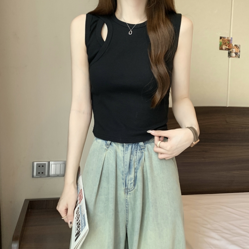 Real shot 40 count pure cotton 2024 summer black vest women's hollow stretch chic top
