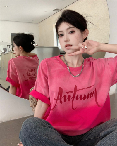 Actual shot ~ Dopamine gradient tie-dye retro distressed loose versatile short-sleeved T-shirt for women lazy style top