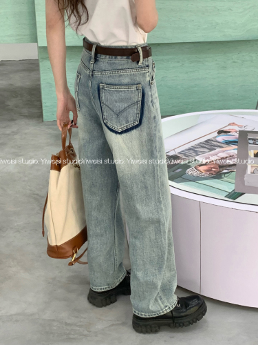 Actual shot of early spring loose wide-leg washed blue pockets contrasting color daddy little boyfriend harem denim trousers