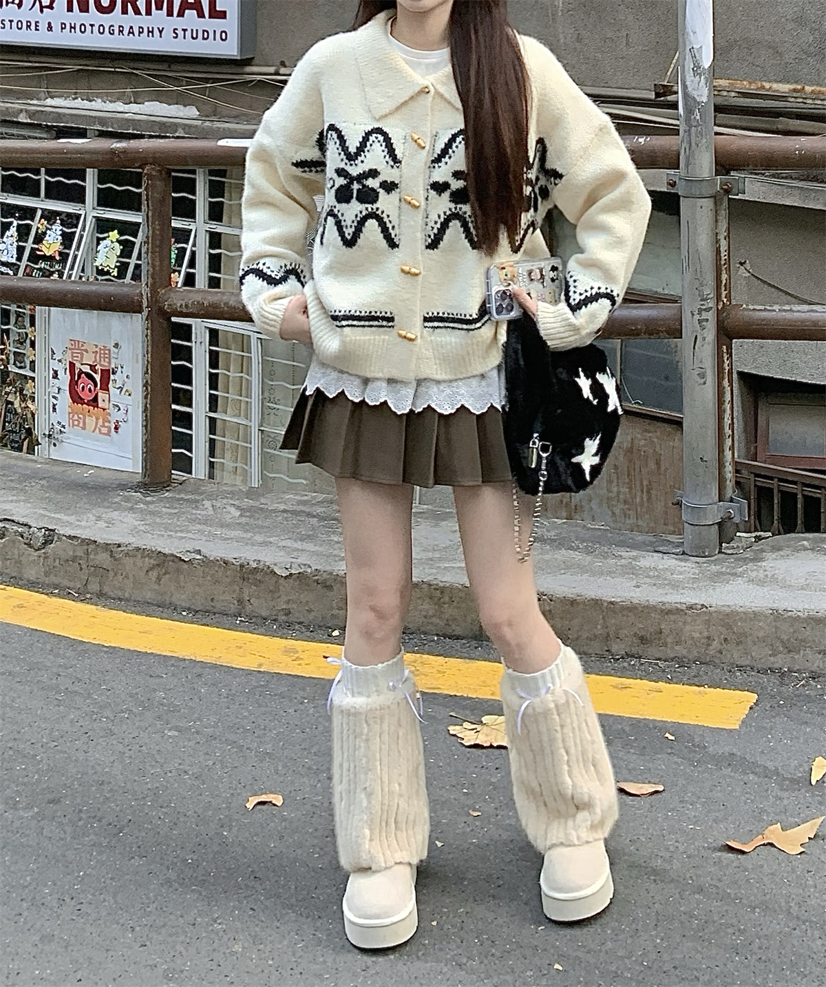 Actual shot# Spring small retro horn button cardigan sweater jacket for women