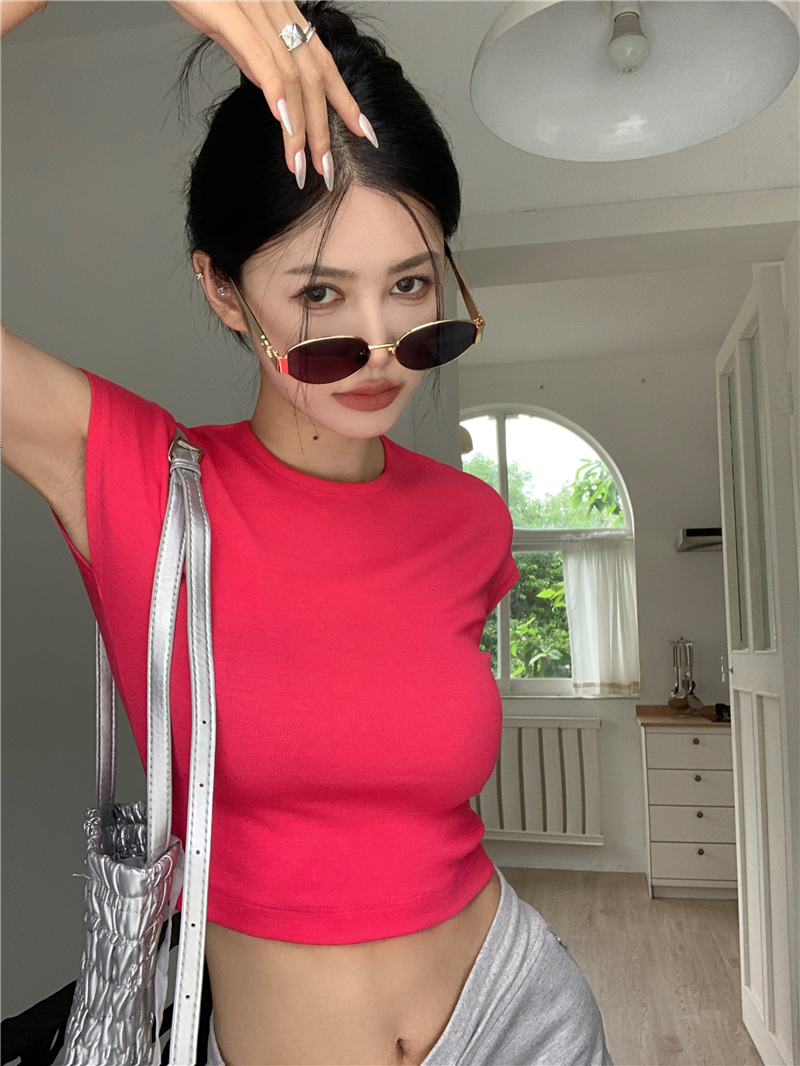 Actual shot~Summer new pure lust style short slim hot girl top short-sleeved round neck pure cotton T-shirt for women