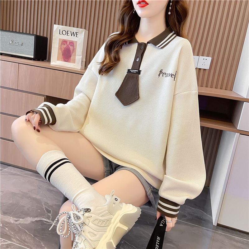 Actual shot of 2024 spring Korean style loose back waffle POLO collar short large size thin sweatshirt for women