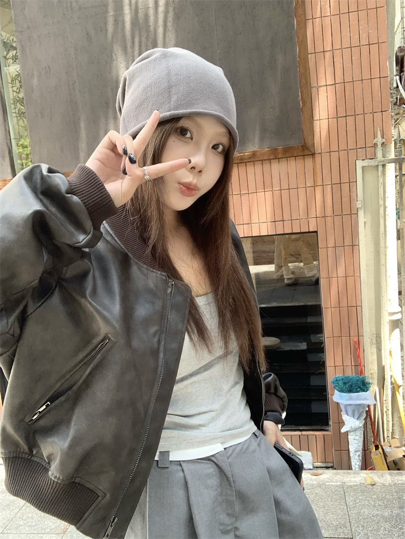 Real shot of brown spring design short American retro leather jacket