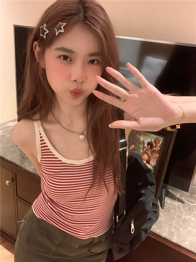 實拍 新款 韓系撞色條紋修身吊帶針織無袖背心女上衣