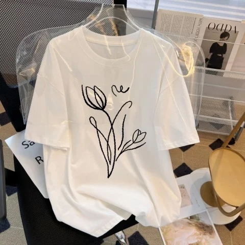 Short-sleeved T-shirt women's loose Korean version ins trend 2024 spring and summer new style mid-length half-sleeved top ins trend