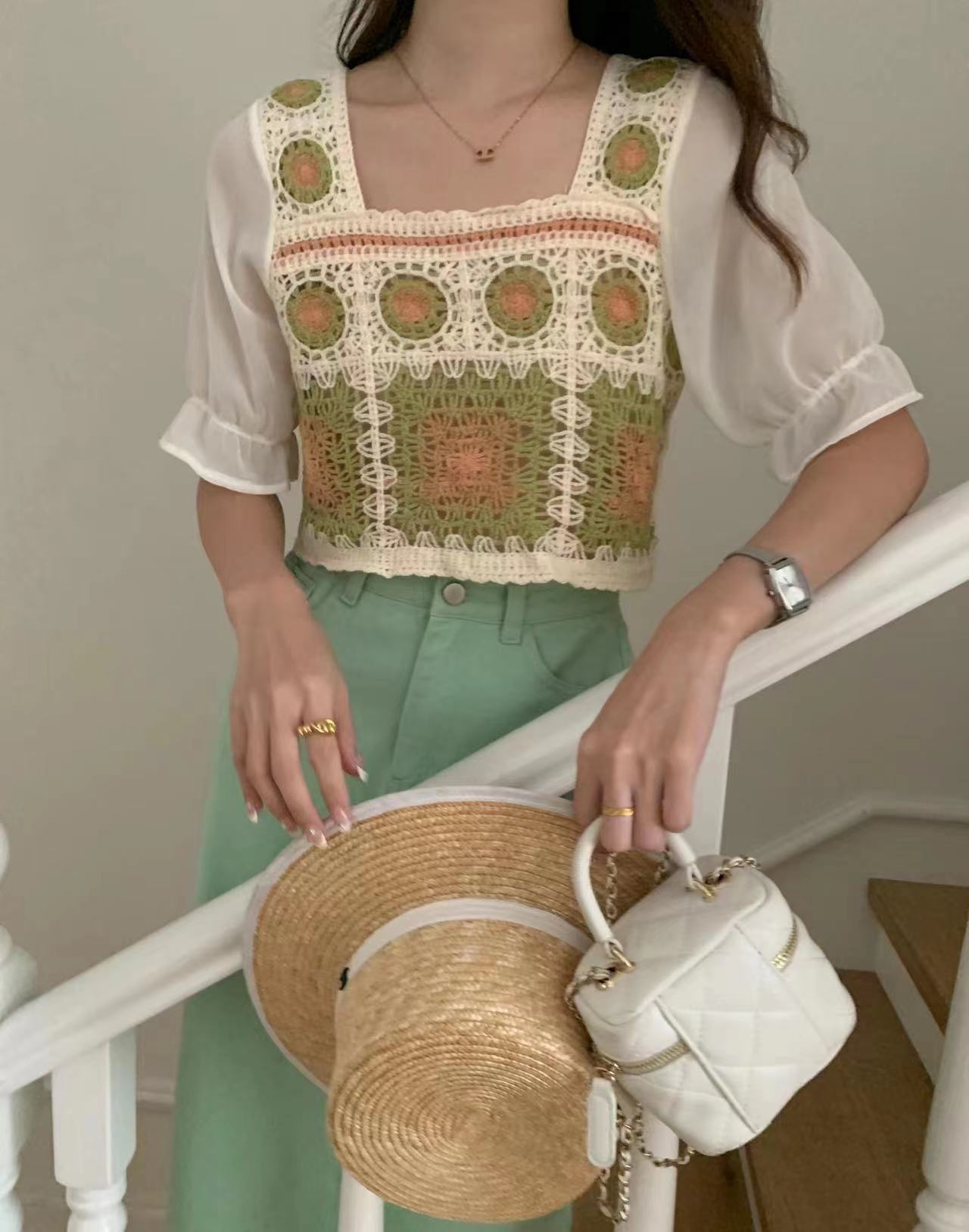 French design niche square collar chiffon crocheted hollow shirt women's summer short babydoll shirt puff short-sleeved top