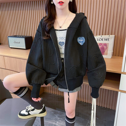 Real shot 2024 spring new Korean style loose hooded jacquard love embroidered zipper cardigan thin jacket for women