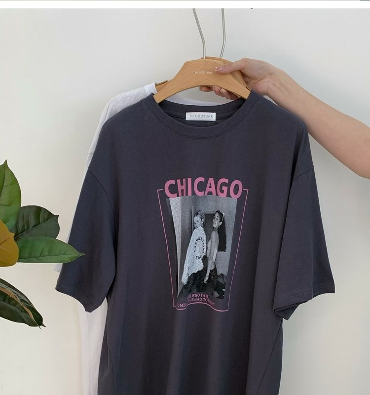Printed portrait letter short-sleeved T-shirt for women 2024 summer new design slim, casual, loose and comfortable