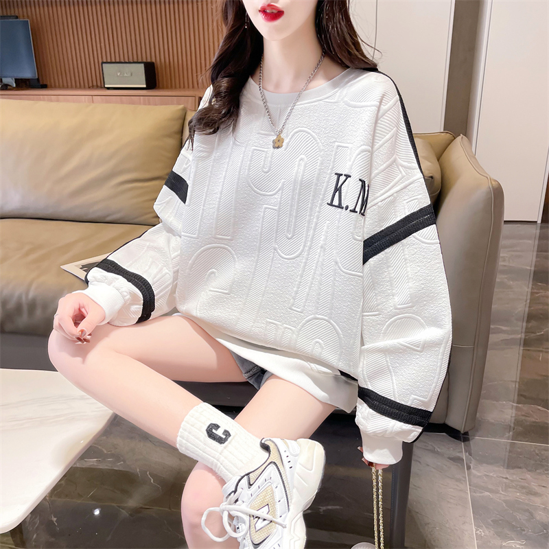 Real shot 2024 spring new Korean style loose 260g jacquard mid-length drawstring embroidered thin sweatshirt for women
