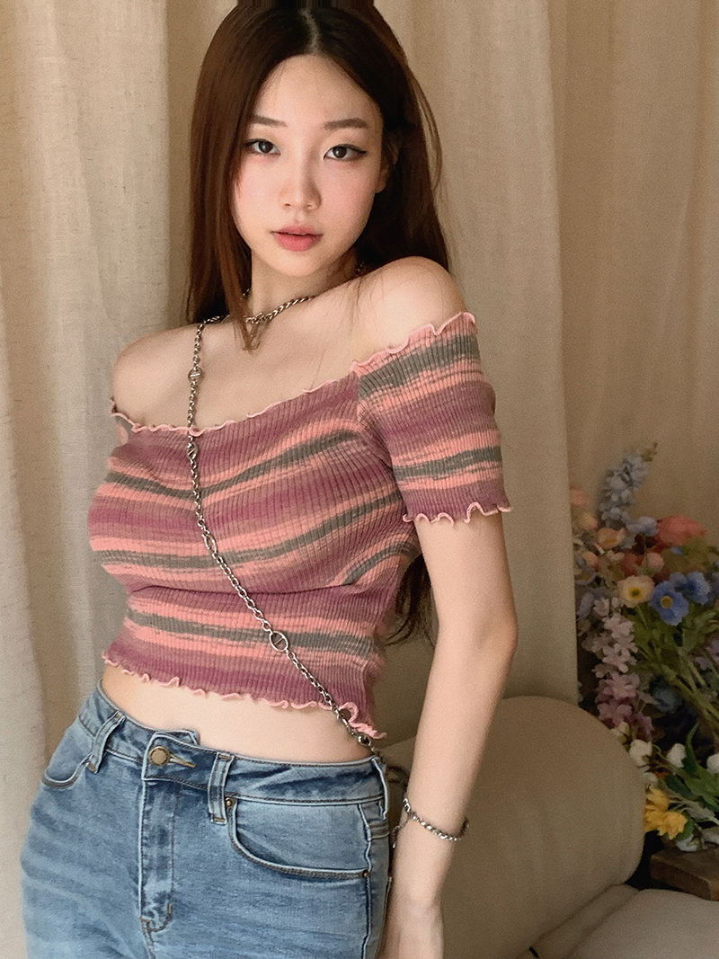 扎染一字肩短袖T恤女2024夏季新款百搭短款ins條紋顯瘦小上衣