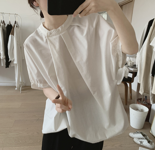 Summer new plus size women's irregular pleated shirt loose slimming simple niche design short-sleeved top