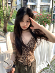 Real shot of sexy brown leopard print slimming halter top with irregular ruffle design