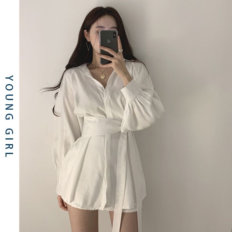 初春白色襯衫休閒套裝女洋氣收腰闊腿配腰帶