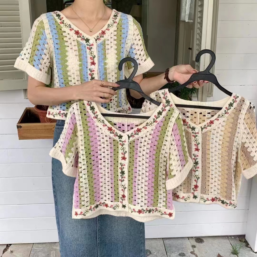 Summer Korean new style hollow V-neck slim short outer wear sun protection short-sleeved sweater top for women