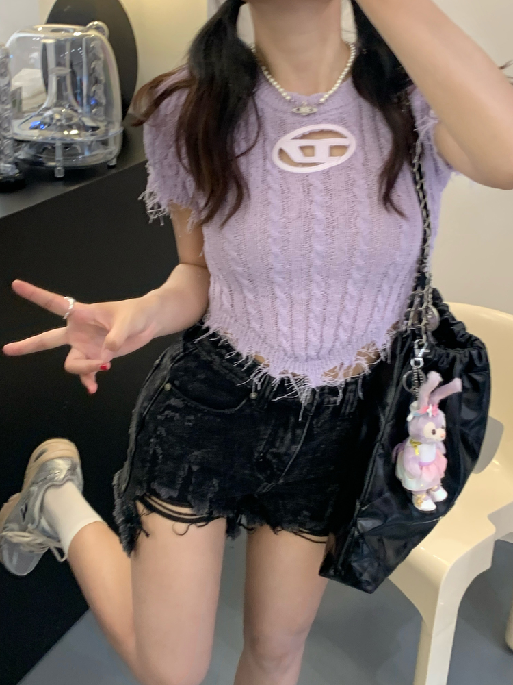 設計感不規則鏤空短袖T恤女夏季新款修身顯瘦氣質短款流蘇上衣潮