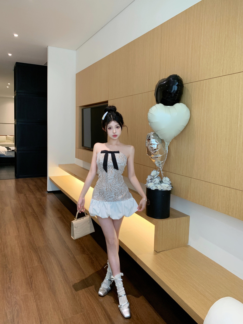 實拍 芭蕾藝術家一字肩純欲辣妹收腰顯瘦蕾絲抹胸連衣裙女