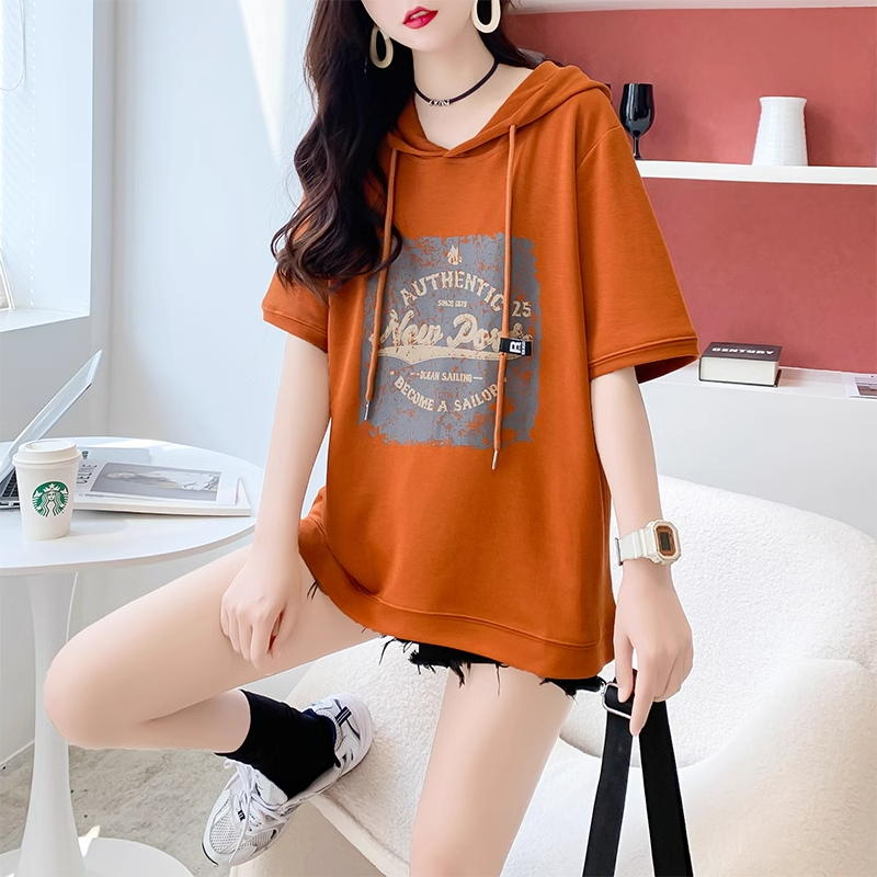 實拍 6535棉2024新款印花連帽短袖t恤女大碼女裝上衣