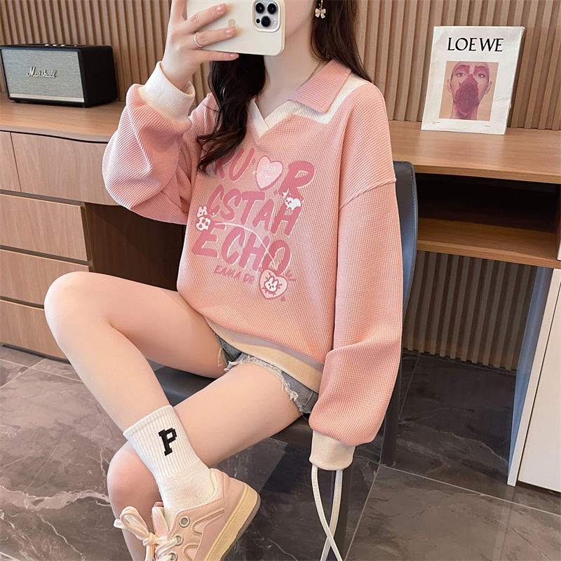Actual shot 2024 spring Korean style loose waffle POLO collar printed large size short thin sweatshirt for women