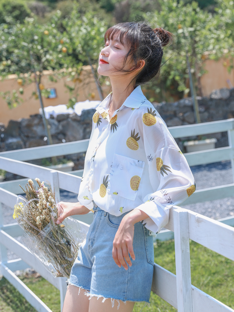 防曬雪紡上衣女設計感小眾襯衣2024夏季新款印花長袖襯衫