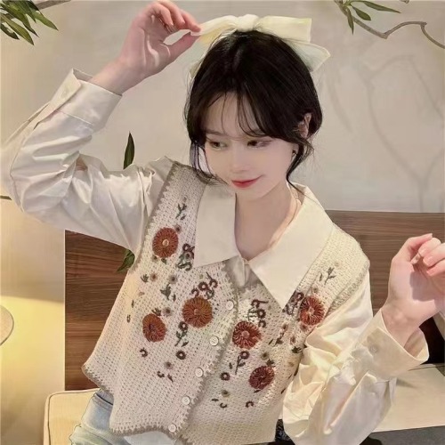 French chic design crochet ethnic style vest two-piece shirt autumn new style top