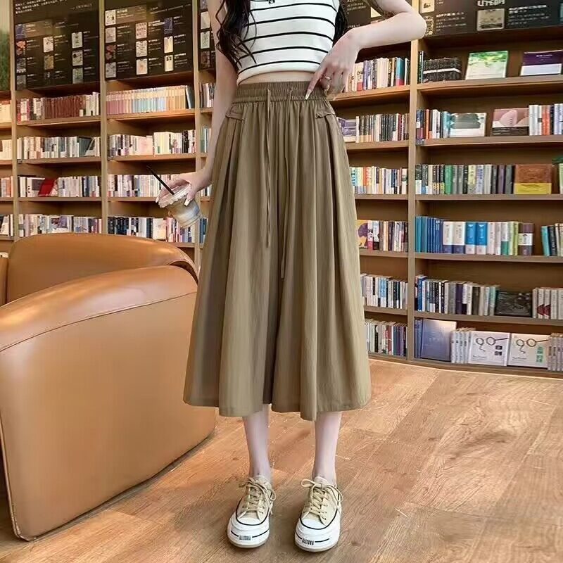 Ice silk wide-leg culottes for women in summer, thin high-waisted, slim and drapey, cropped trousers for small people, covering the crotch, casual straight pants