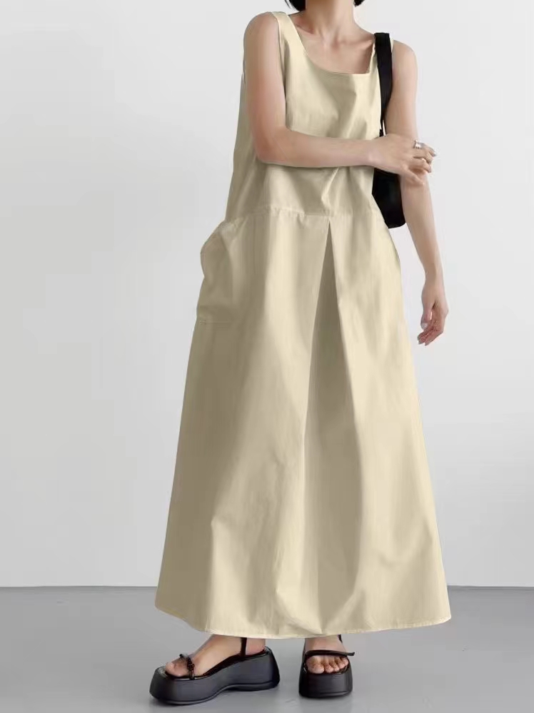 Korean chic summer niche wear square collar sleeveless large pocket workwear style loose vest dress for women