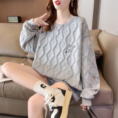 Real shot 2024 spring Korean style loose round neck jacquard embroidered mid-length large size thin sweatshirt for women