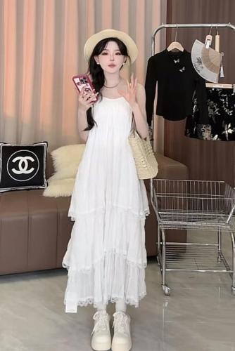 Official photo ~ Boiled water Versatile loose bottoming suspender skirt white dress lady