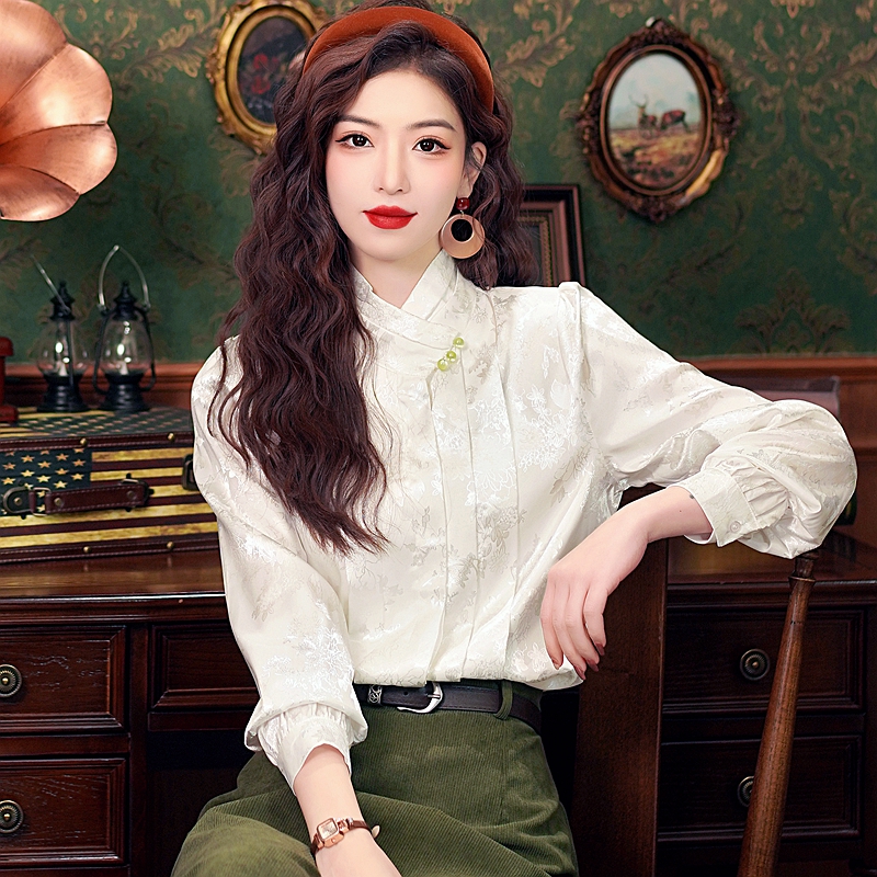 Hanfu Chinese jacquard satin shirt for women 2024 early spring Chinese style Tang suit shirt retro improved cheongsam top