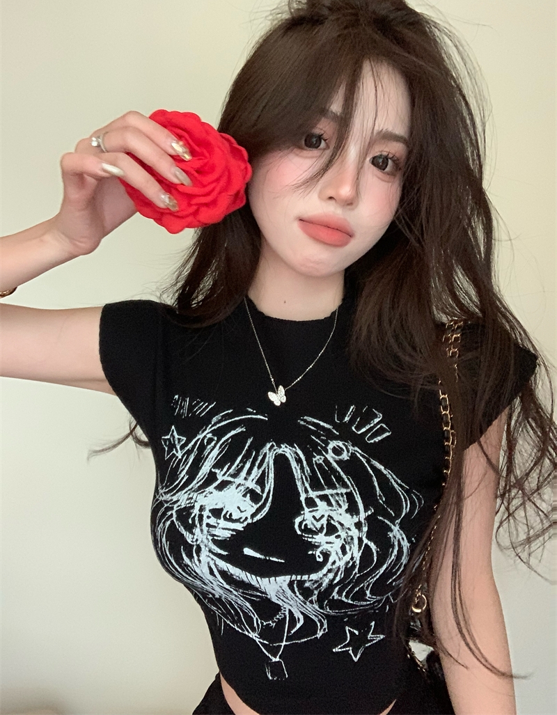 Real shot of summer pure lust hottie cartoon printed half-high collar, right shoulder, short-sleeved T-shirt bottoming shirt top