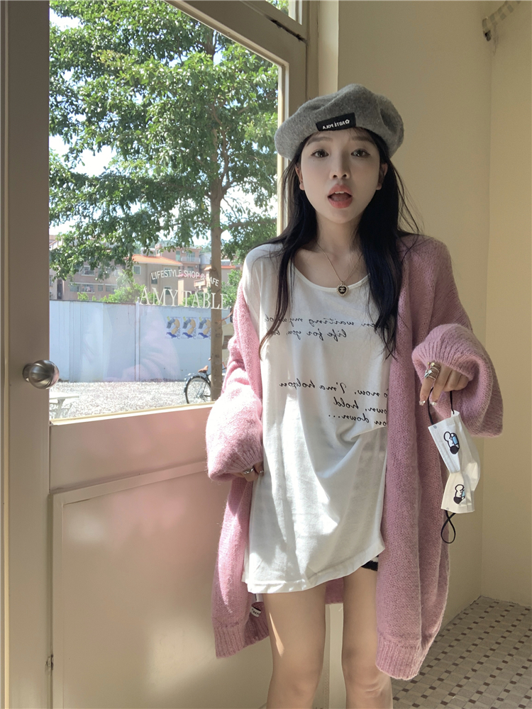 實拍~大碼純色V領長袖毛衣針織開衫女+字母印花寬鬆休閒T恤潮