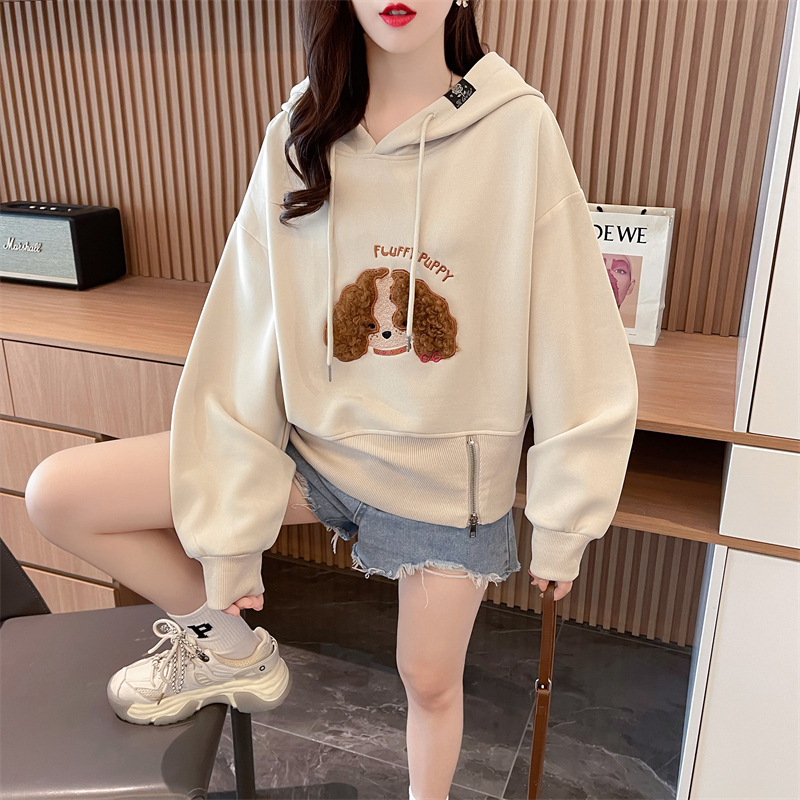 Real shot 2024 spring new Korean style loose hooded cartoon embroidered large size women's thin sweatshirt for women