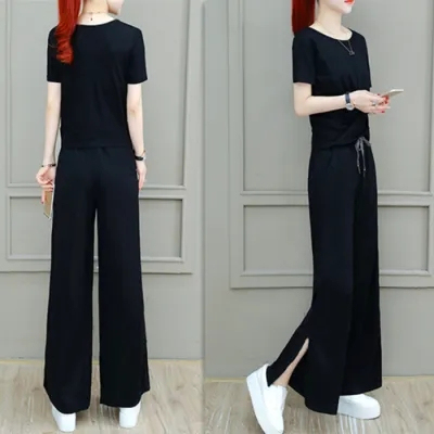 Wide-Leg Pants Sports Suit Women's 2024 Summer New Style Drapey High-Waist Slimming Wide-Leg Pants Two-piece Set