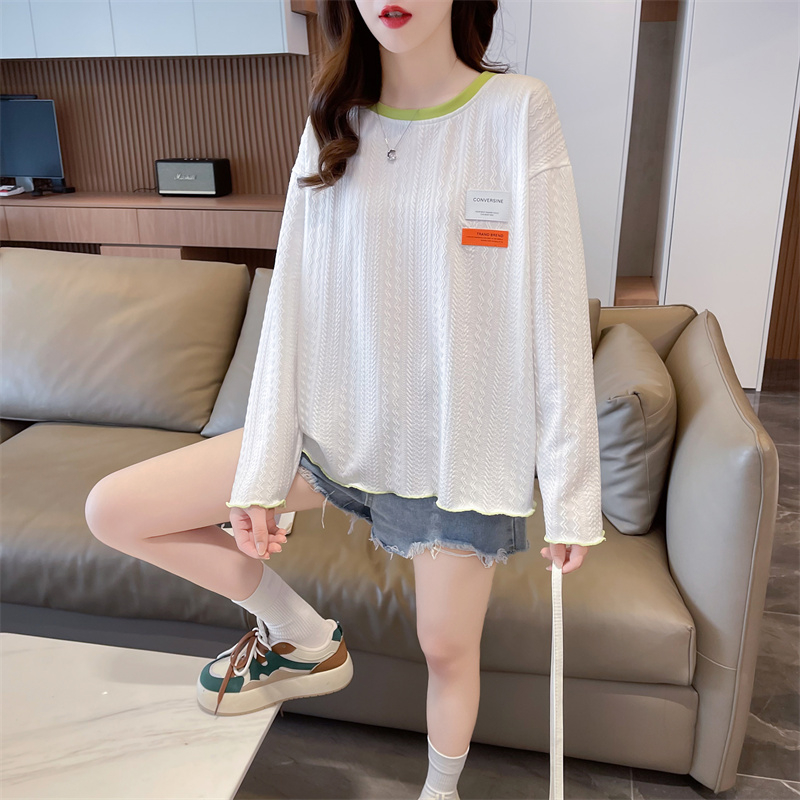 實拍 春裝韓版寬鬆230克提花圓領字母貼布大碼打底衫T恤女
