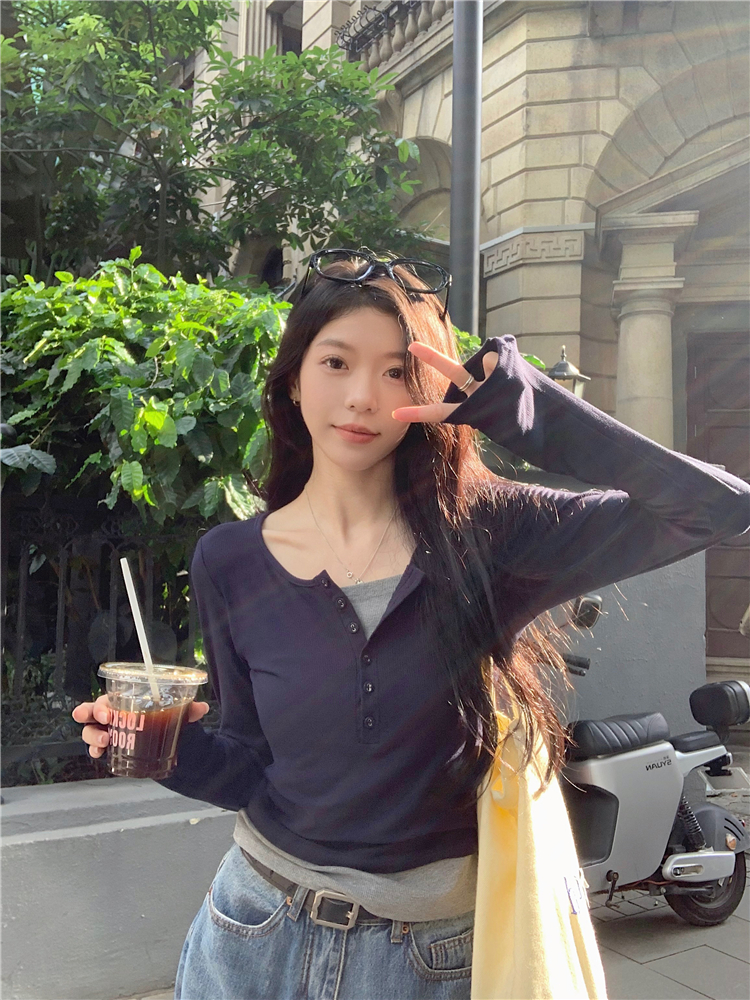 實拍~早秋新款修身假兩件拼接撞色通勤休閒百搭長袖針織衫女