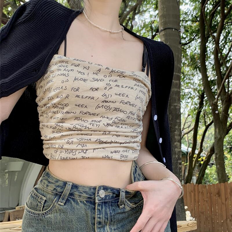 辣妹美背內衣字母吊帶小背心女夏季短款無袖純欲內搭外穿緊身上衣