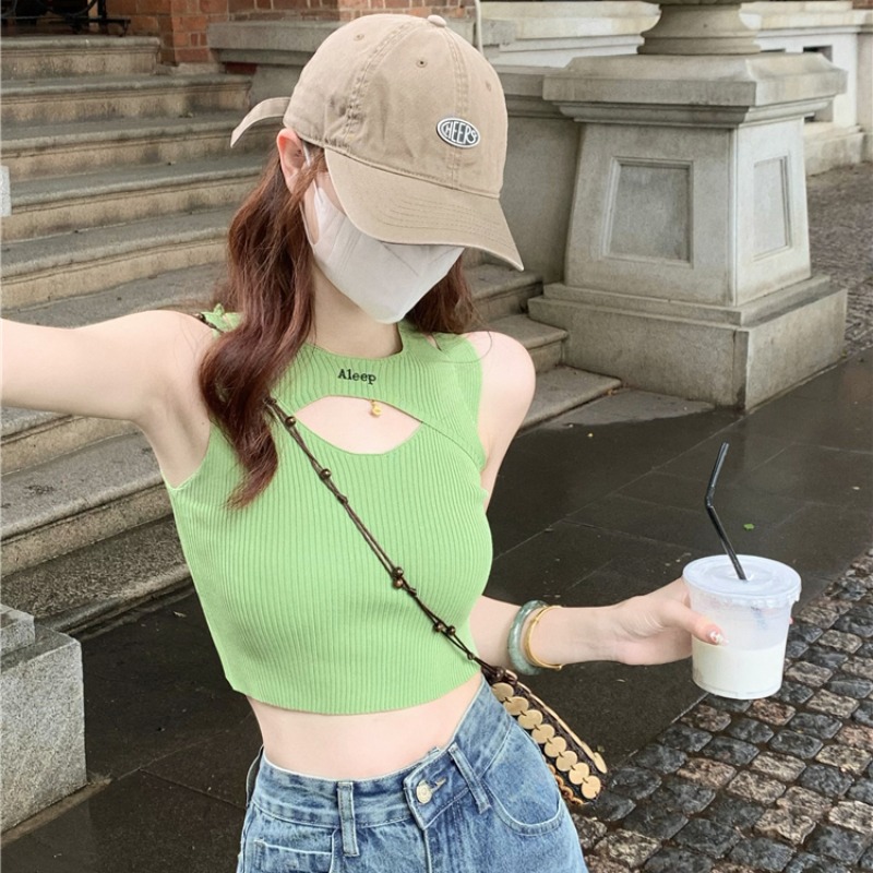 假兩件吊帶背心女內搭夏短款外穿性感辣妹美背設計感無袖綠色上衣