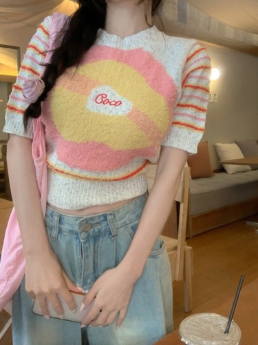 Real shot of imported woven heavy industry colorful dot love knitted short-sleeved women's early spring age-reducing tops