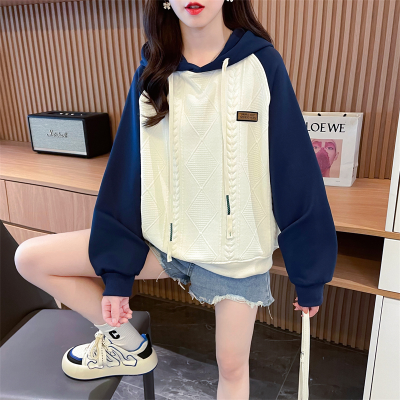 Real shot 2024 spring new Korean style loose hooded waffle patch large size women's thin sweatshirt for women