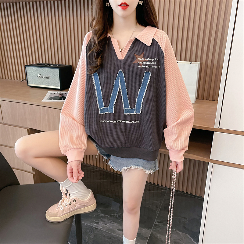 Real shot 2024 spring Korean version loose waffle POLO collar patch large size women's thin sweatshirt for women
